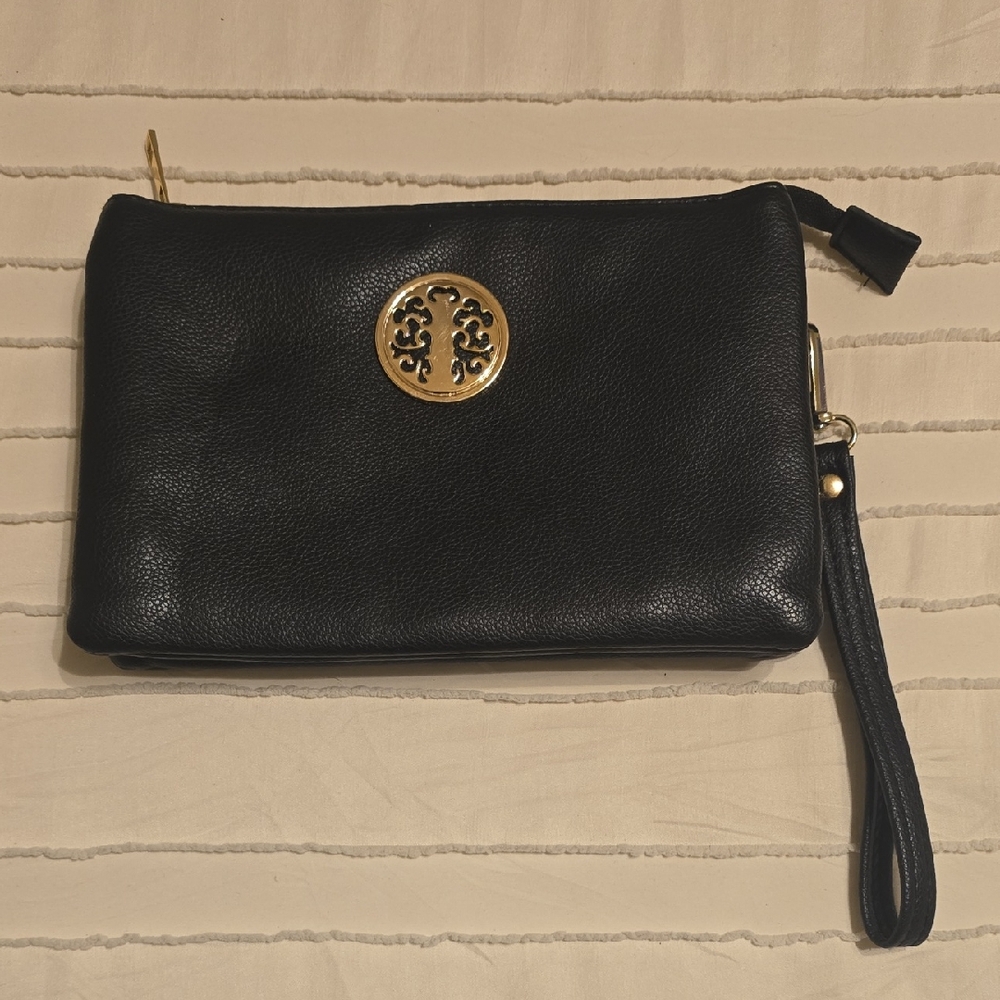 Unbranded Black Faux Leather Wristlet Clutch Bag Gold Tree of Life Emblem Badge
